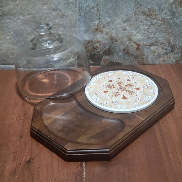 Vintage Cheese and Cracker Platter Tray Ceramic Tile Glass Dome Himark 1982 - Picture 5 of 14